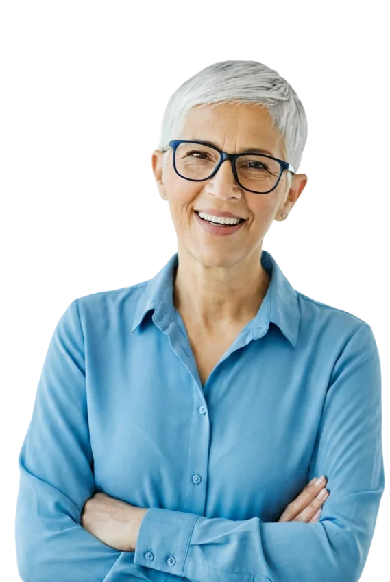Smiling woman with short gray hair and glasses