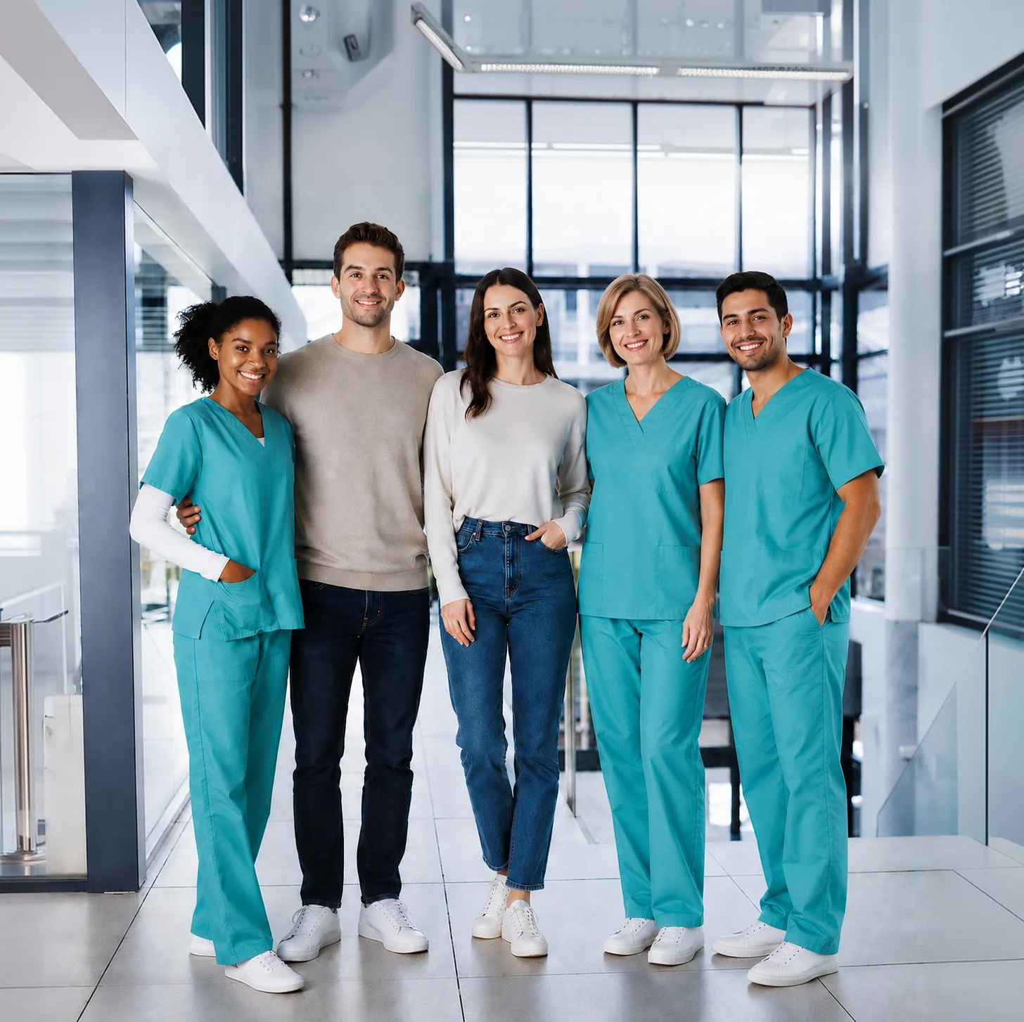 Medical team standing with patients in a modern clinic
