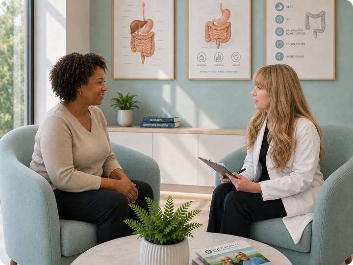 Female gastroenterologist with a clipboard consulting a female patient in a modern clinic with digestive health anatomy posters on the wall