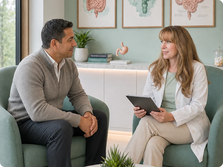 Female gastroenterologist holding a tablet consulting with a male patient in a modern office with digestive system anatomy posters on the wall